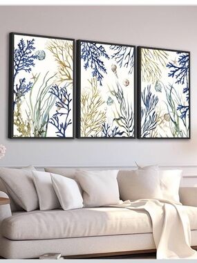 ⭐️Large Framed Ocean WallArt Coral Canvas Pictures 16"x24"3 Pieces StarfishShell